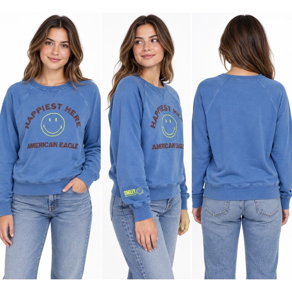 American Eagle Seriously Lived In Blue Smiley Crewneck Sweatshirt Medium Oversiz